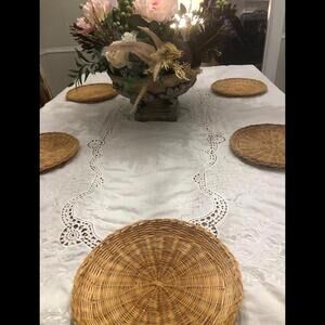 VINTAGE 6 FLAT ROUND TAN WICKER WOVEN BASKET FOR WALL ,TABLE TOP WICKER.....